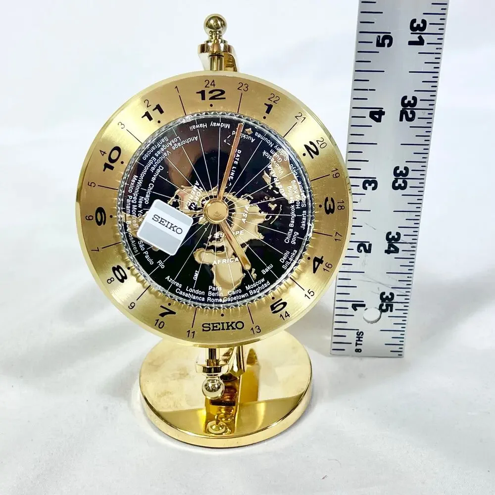 Seiko World Time Globe Desk Table Clock Gold-Tone QHG106GLH New